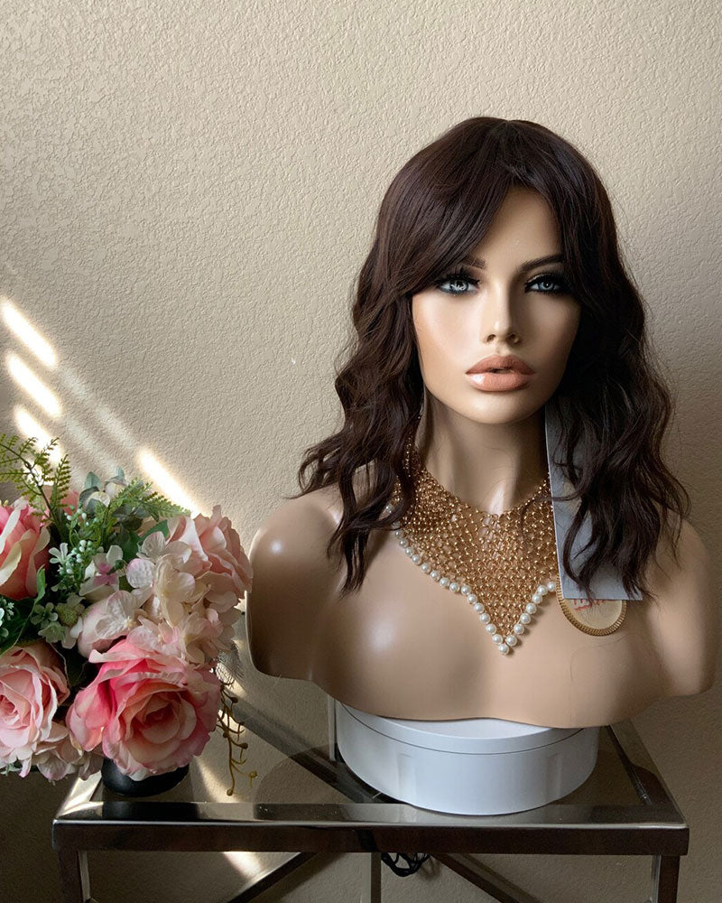 14 Inches Dark Brown Wavy Bob Wig with Bangs Heat Resistant Comfort Cap