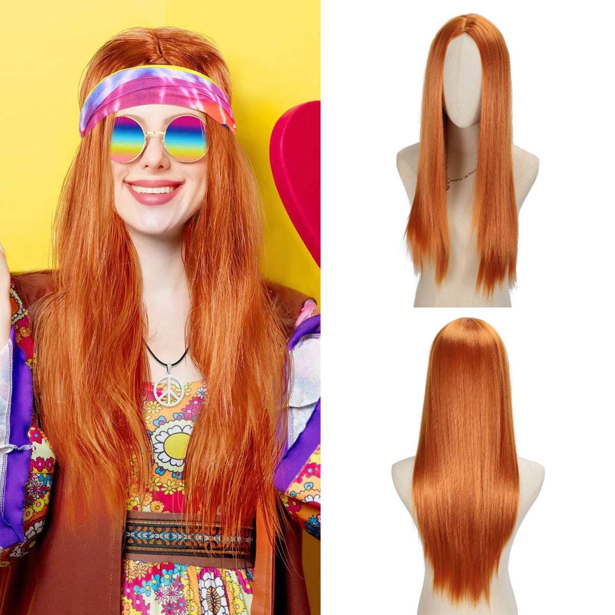 Women'S Hippie Style Wig - Only Wig, Long Straight Synthetic Orange Ginger Brown Cosplay Wig, Heat Resistant Rose Net, 100% Density - Perfect for 60s, 70s, 80s Women Rock Band Disco Cosplay, Halloween and Part