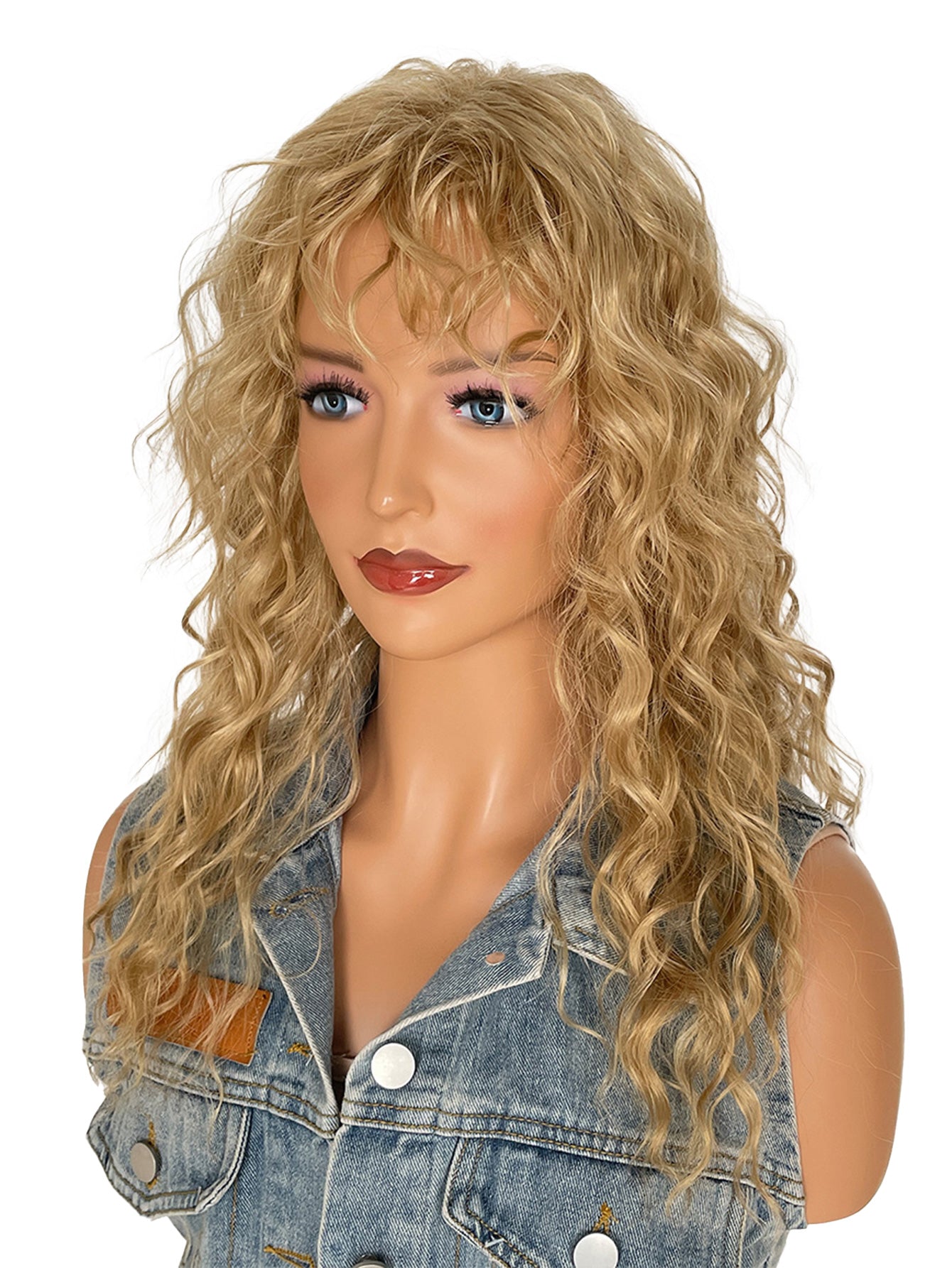 Long Fluffy Blonde Curly Wigs with Bangs 18 Inch Synthetic Heat Resistant Wigs for Women Halloween or Daily Used