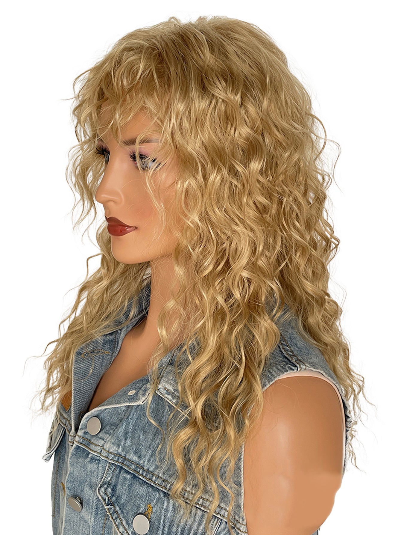 Long Fluffy Blonde Curly Wigs with Bangs 18 Inch Synthetic Heat Resistant Wigs for Women Halloween or Daily Used