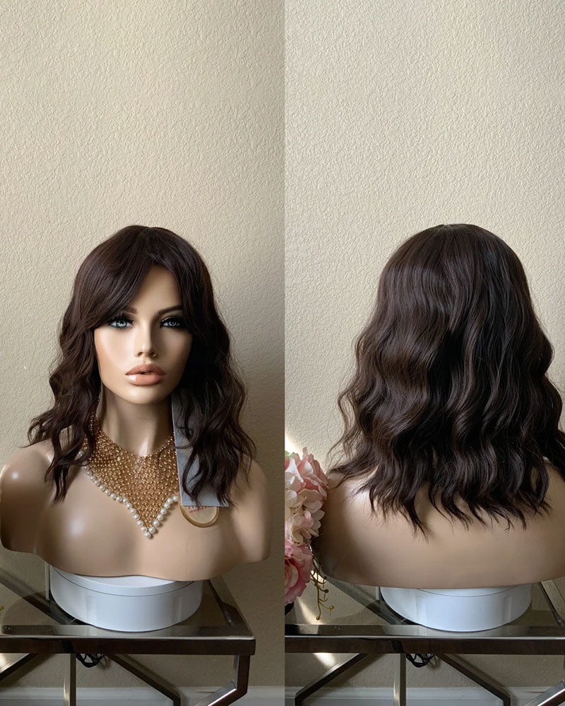 14 Inches Dark Brown Wavy Bob Wig with Bangs Heat Resistant Comfort Cap