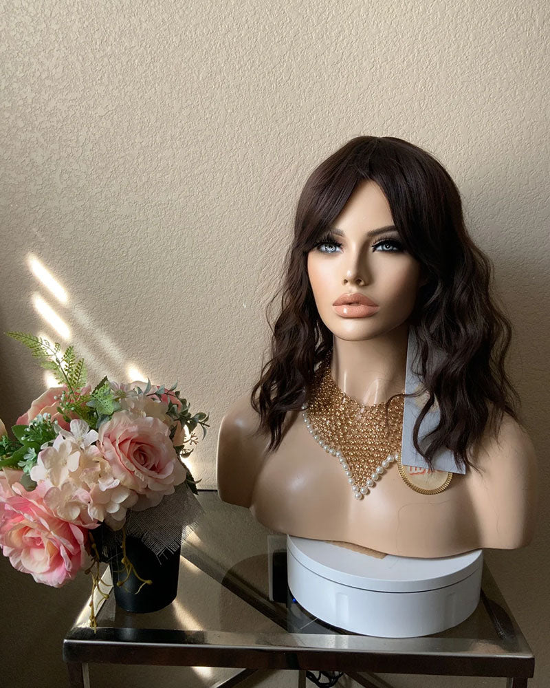 14 Inches Dark Brown Wavy Bob Wig with Bangs Heat Resistant Comfort Cap