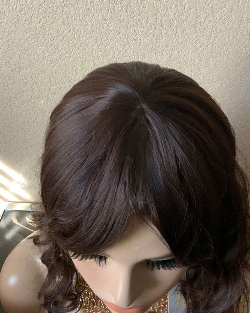 14 Inches Dark Brown Wavy Bob Wig with Bangs Heat Resistant Comfort Cap