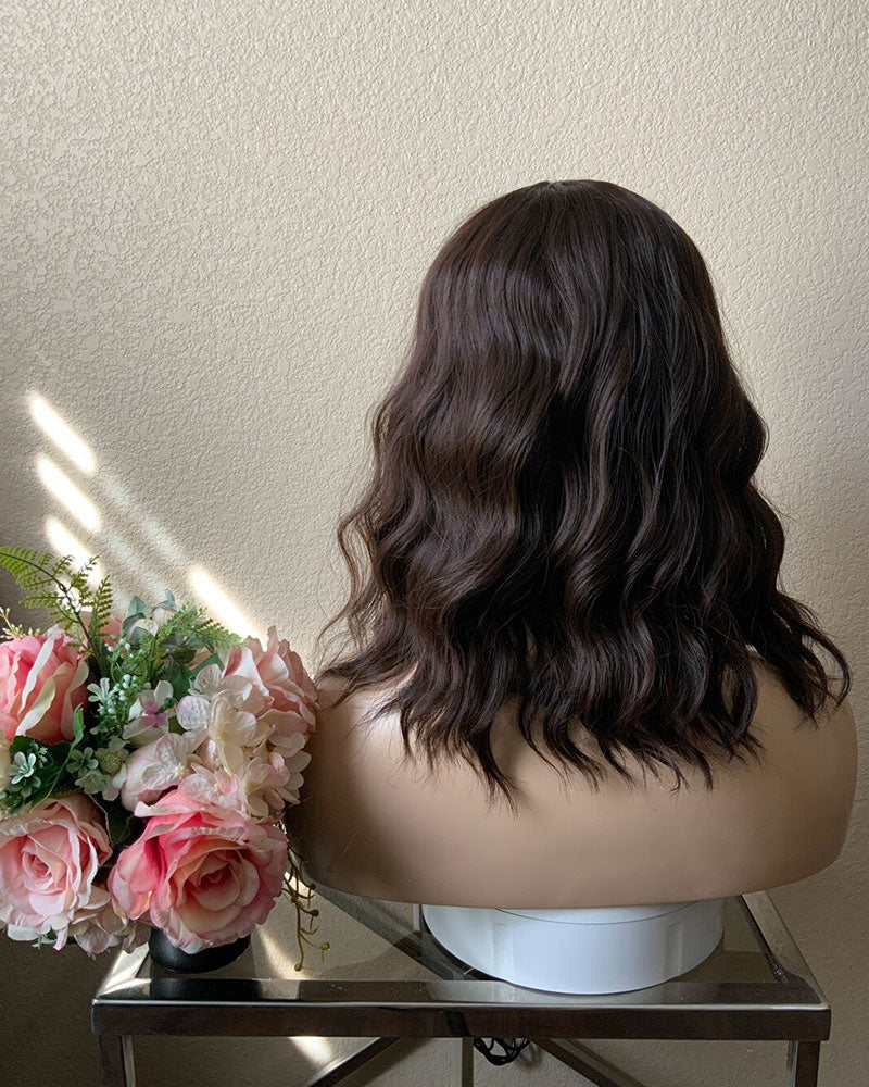 14 Inches Dark Brown Wavy Bob Wig with Bangs Heat Resistant Comfort Cap